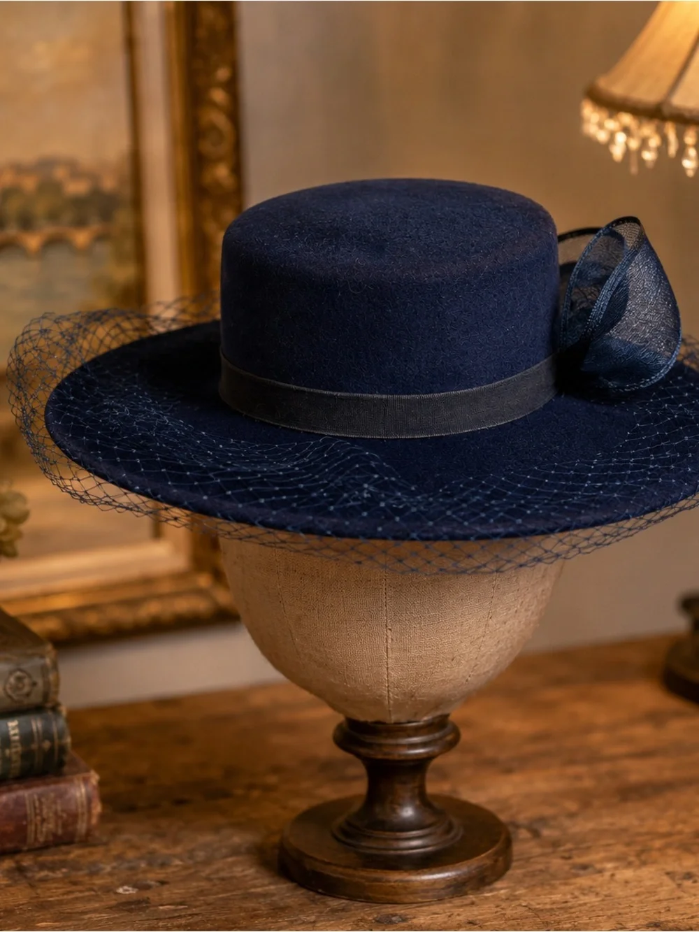 Vintage Bollman Hat Co USA Navy Doeskin Felt Wide Brim Veil Hat Sz 7 Wool
